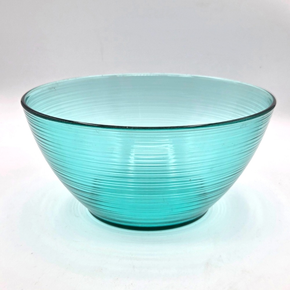 Arcoroc France Turquoise Jardiniere Pattern Ribbed Glass 9.25" Serving Bowl